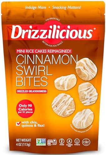 Drizzilicious Mini Flavored Rice Cakes Cinnamon Swirl - Rice Crisps, Healthy Snack for Adults and Kids, Vegan, Gluten Free Snack, Allergen Free, Only 90 Calories Per 21 Pieces - 4 oz (Pack of 1)