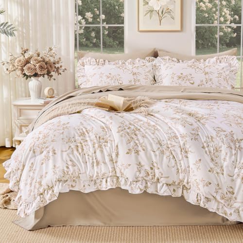 Litanika Beige Floral Full Size Comforter-7 Piece Ruffle Bedding by Litanika - Used condition - US$54.08