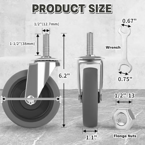 10.2cm(4인치) 캐스터 휠, 1.3cm(1/2인치)-33cm(1/2인치)-33cm(13인치) 코스 스레드 스템 캐스터 4개 세트, 돌리 카트용 튼튼한 TPR 회전 캐스터 휠, 와이어 선반 산업용 나사 캐스터 — 사진 2