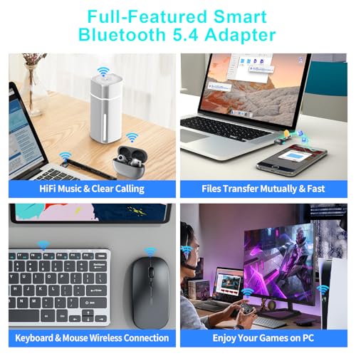 Hakimonoe USB Bluetooth 5.4 Adapter Dongle for PC, Plug n Play for Laptop Desktop Windows 11 10 8.1, Wireless Multiple Connection Bluetooth Headphone Headset Speaker Keyboard Mouse Printer Controller