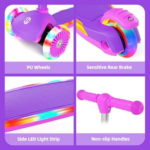 Image of XJD Toddler Scooters for Kids 3-8, 3 Wheel Scooters for Kids 110lbs, LED Light-Up Wheels and Side, 3 Adjustable Height, Lean-to-Steer, Birthday Gift Toy for 3-8 Year Old Girl Boy