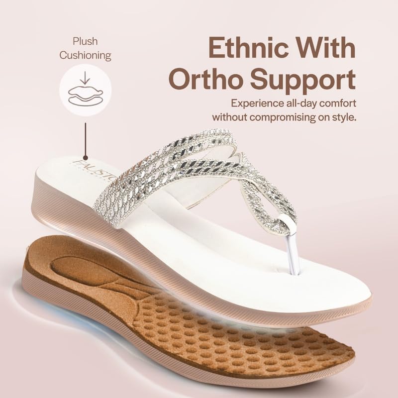 Image of FAUSTO Women T-Strap Slip On Ethnic Sandals with Rhinestone Strap | Wedge Ortho Slip-On Slippers | Perfect for Wedding, Festive Outfits
