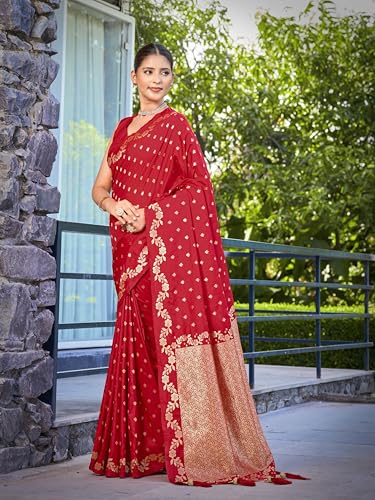 Image of MANOHARI Women's Trendy Banarasi Satin Silk Woven Saree with Heavy Jacquard Work, Elegant Design for Women with Lace Border Unstitched Blouse Piece for Weddings & Festive Occasions