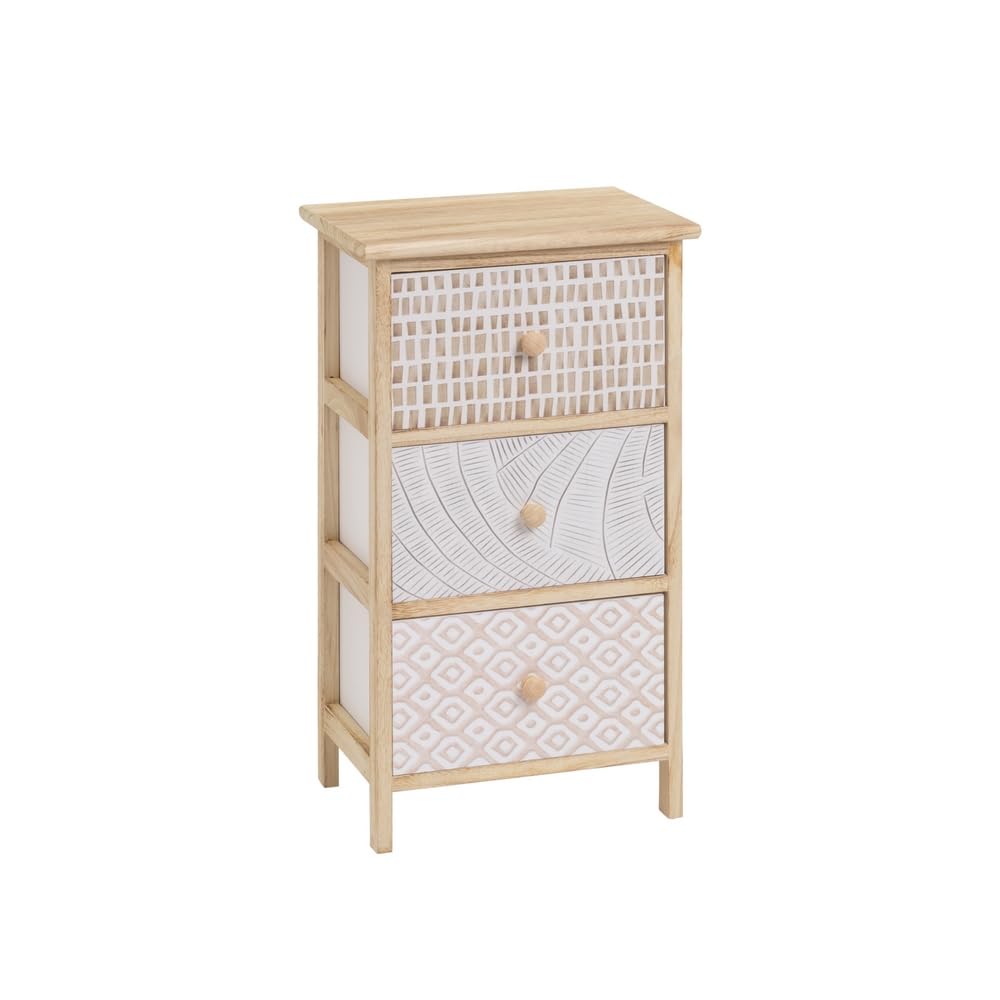 LOLAhome Mesita de Noche Espiga con 3 cajones de Madera de paulonia Blanca y Natural de 34x25x61 cm