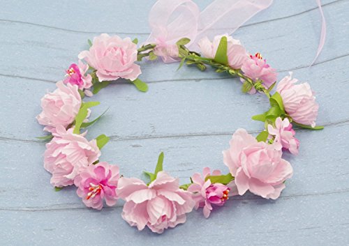 Merroyal Rose Flower Hair Crown Wreath Headband Headdress with Adjustable Ribbon for Weddings Festivals(Pink)