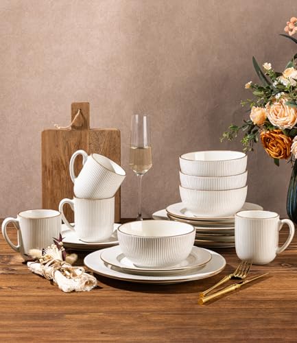 Image of GBHOME Ceramic Dinnerware Sets,16 pcs Embossed Elegant Stoneware Plates and Bowls Sets, Housewarming Wedding Gift | Dishwasher & Microwave Safe | Dishes Set Service for 4