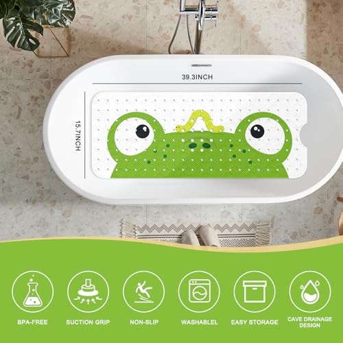 Image of PRATIQUE Kids Bath Mat for Tub Non Slip,40 X 16 Inch Extra Long Kids Bathtub Mat Frog Bathtub Shower Mat Safety Anti Slip with Suction Cups and Drain Holes, Machine Washable