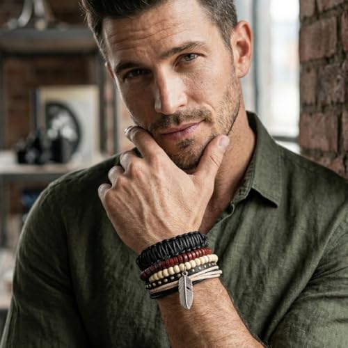 Image of Young & Forever Multi-Layer Leather Bracelet for Men | Adjustable Handmade Wrap Bracelet with Beads, Anchor, Evil Eye, Feather & Boho Charms | Vintage Punk Casual Wristband Gift for Men & Boys