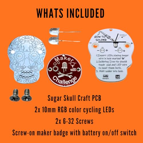 Image of Learn to Solder Sugar Skull Kit | Skill Badge, DIY Electronics and Crafts Project for Students and Adults | Beginner Project for STEM Camps, Classes and Events | Dia de Los Muertos (1)
