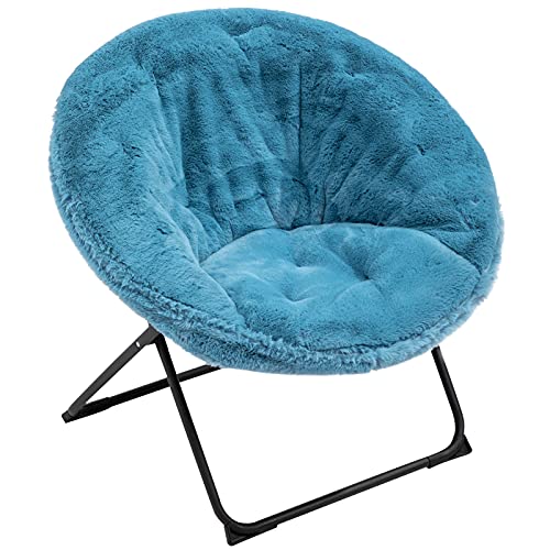 AcozyHom Faux-Fur Moon Chair, Folding Saucer Chair with Plush Cushion and Metal Frame, Accent Soft Furry Lounge Lazy Chair, Round Leisure Padded Seat for Living Room, Balcony, Bedroom, Office, Blue