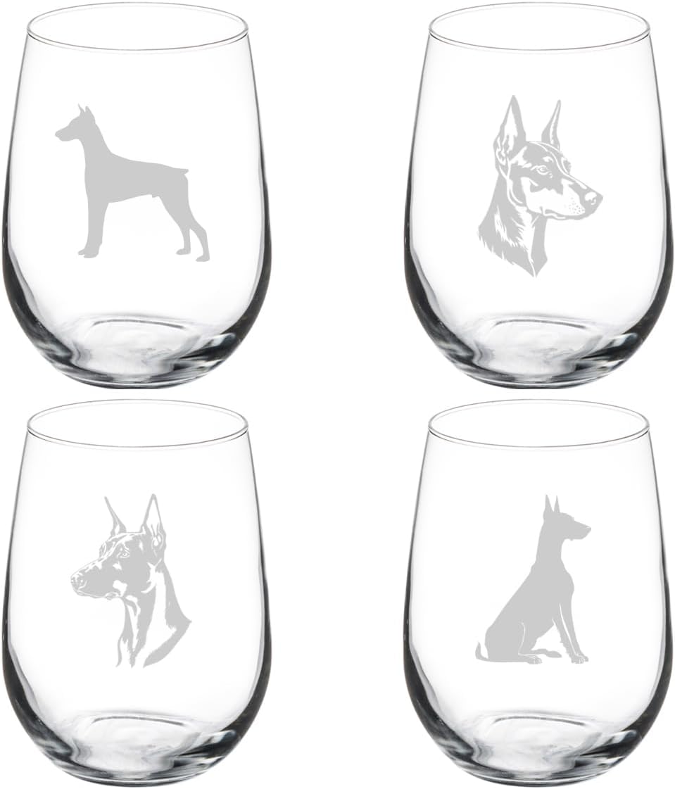 MIP Set of 4 Wine Glass Gift Doberman Collection (17 oz Stemless)