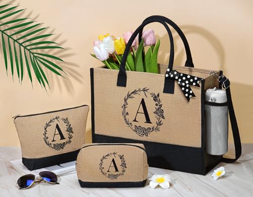 Image of Personalized Birthday Gifts for Women, Monogrammed Initial Jute Tote Bags | Beach Tote Bag & Makeup Bags w / Zipper, Christmas Women Gifts for Mom Her Friends Sister Coworker Nurse Teacher Appreciation