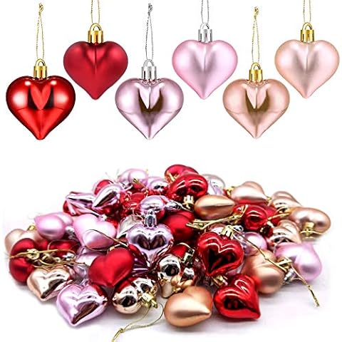 Valentine's Day Heart Ornaments -60pcs Valentine's Mother's Day Heart Baubles Shaped Hanging Ornaments Decoration for Valentine Tree Wedding Anniversary Party (Red, Pink, Rose Gold) Cover
