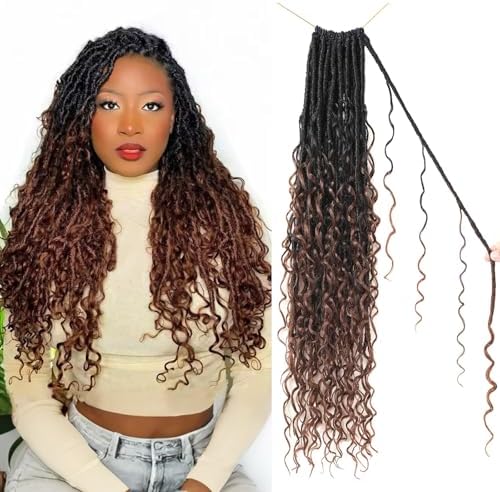 9 packs Boho Faux Locs Crochet Hair, 24 Inch, Ombre Brown Auburn Pre Looped Goddess Soft Locs Crochet Hair with Curly Ends, Bohemian River Locs for Black Women(T1B/4/30#, 24 Inch)