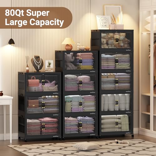 BROVIEW 240Qt Stackable Storage Bins with Lid, Extra Large Closet Organizer Collapsible Drawer Boxes with Wheels, Folding Plastic Cabinet Containers for Home Kitchen Room Organization, 3Pack Black - Image 6