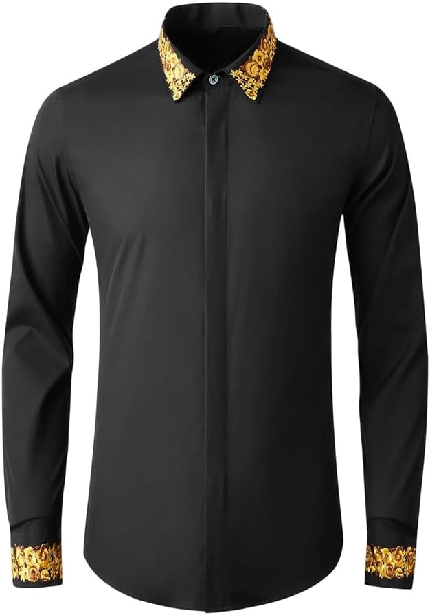 Mens Flower Embroidery Shirt Lapel Long Sleeve Slim Business Formal Banquet Party Stage Shirt