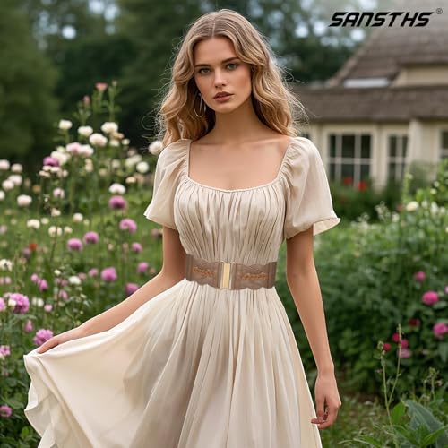 SANSTHS Vintage Stretchy Belt for Women, Womens Wide Elastic Belts for Dresses Coats, Fashion Womens Belts with Gold Buckle