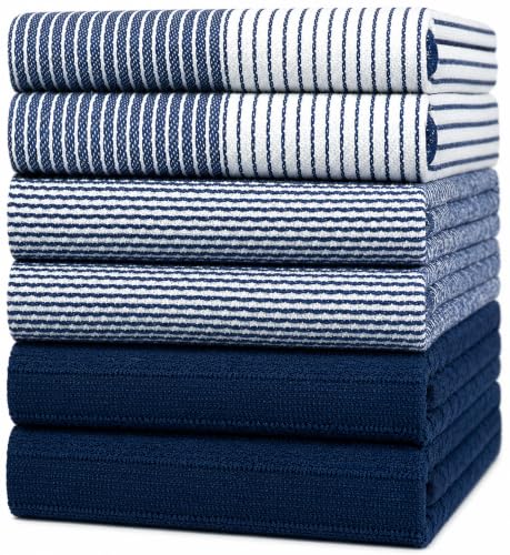 Image of Premium Kitchen Towels (20 inchx 28 inch, 6 Pack) | Large Cotton Dish Towels | Flat & Terry Highly Absorbent Kitchen Linen Set with Hanging Loop | Navy Blue