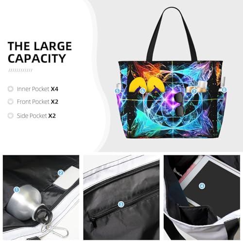 Eight Dimensional Space Large capacity beach bag with zipper, perfect for grocery bag pool gym travel shopping foldable beach travel bag,3