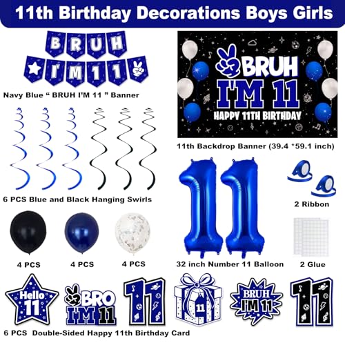 Image of 11th Birthday Decorations for Boys and Girls, Blue and Black Happy 11th Birthday Party Decorations, Bruh I'm 11 Backdrop, Foil Balloons 11, Banner, Balloons, Hanging Swirls, Birthday Card Set 41pcs
