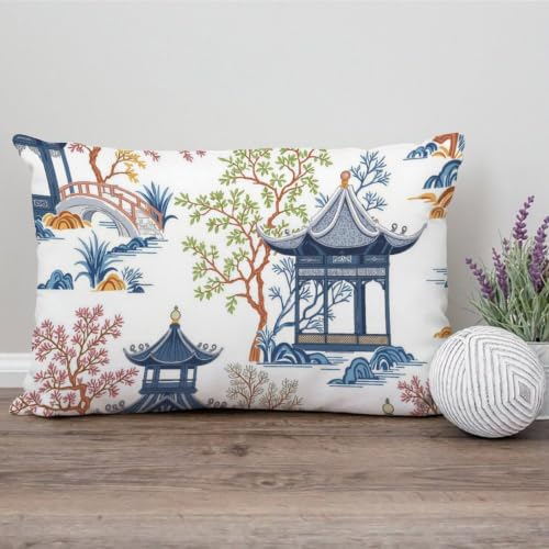 ArogGeld Asian Pagoda Blue Farmhouse Throw Pillows Blue Pagoda White Coral Color Flower White Linen Cushion Cover Asian Scenic Chinoiserie Pillow Case for Office Car Chair Sofa 12x20in