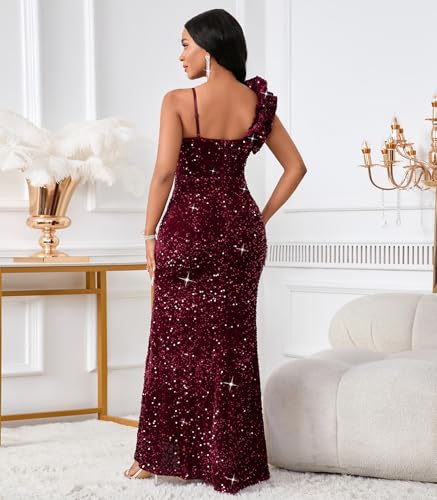 Image of Cololura Women Sexy Elegant Sequin High Split Ruffled Hem Mermaid Party Cocktail Bodycon Formal Evening Gowns Maxi Dress