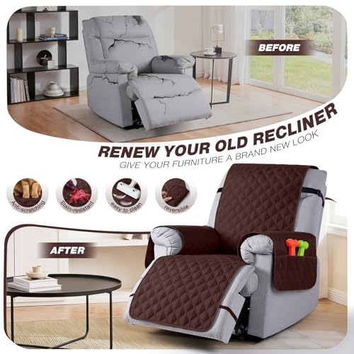 Image of TAOCOCO 100% Waterproof Recliner Covers, Recliner Sofa Covers with Leg Straps, Reversible Recliner Couch Cover for Reclining Chair, Washable Couch Protector for Pets Kids(1 Seater 28 inch, Coffee)