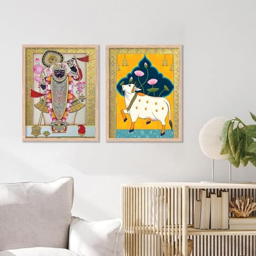 Image of kotart Traditional Indian Wall Art Painting Set of 2 | Kamdhenu Cow Design | MDF Wooden Framed Spiritual Wall Decor for Living Room, Pooja Room & Home (Art 4, 25x37 Inch)
