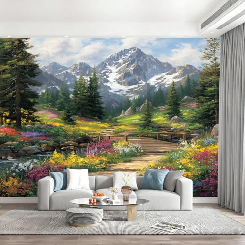 Papier Peint Panoramique Nature, Montagnes Enneigées, Plantes, Fleurs Papier Peint Mural Photo Motif Paysages Montagne Et De Rivière Tapisserie Panoramique...