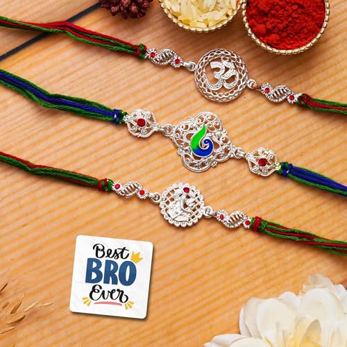 Image of eCraftIndia Set of 3 Peacock, Om, Lord Ganesha Religious Rakhis, Best Bro Ever Fridge Magnet with Roli Chawal Pack - Rakhis for Brother, Bhabhi, Kids