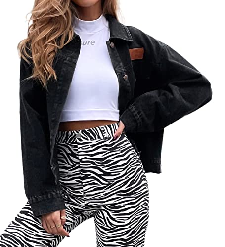 Acramy Damen Mantel kurze Jeansjacke Langarm Denim Jacke (L, Schwarz) Cover