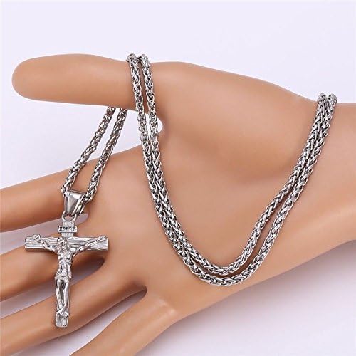 Stainless Steel Antique Cross Crucifix Pendant Jesus Necklace For Men 24 Inch (Silver) - Image 3