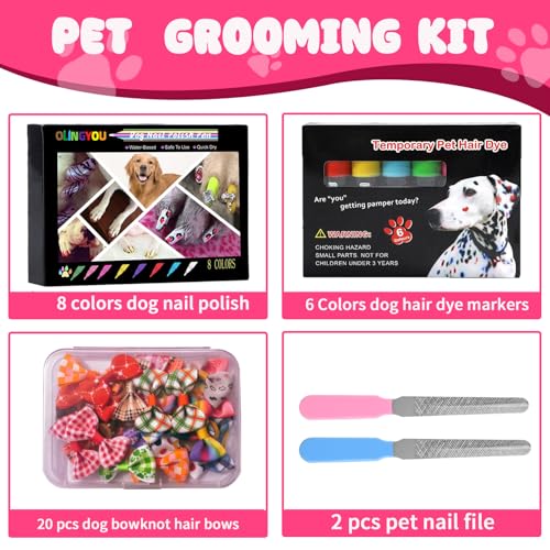 Image of Pet Grooming Kit- 6 Colors Washable Dog Hair Dye Markers, 8 Colors Nail Polish, 20 PCS Cute Dog Bowknot Hair Bows ,Dog Beauty Care Supplies for Safe & Fun Styling,Birthday Gifts to PET Lovers Set
