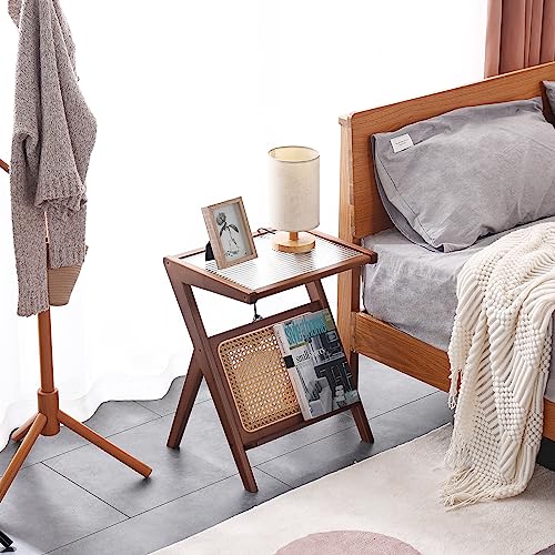 LITA Rattan Side Table, Mid Century End Table Modern Bamboo Accent Bedside Nightstand Tables with Magazine Rack Glass-top Boho Wooden Table for Bedroom Living Room, Walnut, Small