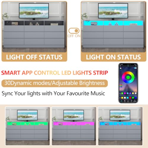 Image of Loomie 63 inch Wide 9 Drawer Dresser for Bedroom with LED Lights & Power Outlet