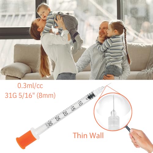 Image of 0.3 ml /cc Syringes 31G x 5 /16 inch (8mm), Orange Cap,100 pcs /bx | Fine Tip, Home & Lab Use, Clear Barrel, Bold Scale, Smooth Plunger Movement with back-end stopper, Leak-Proof Design
