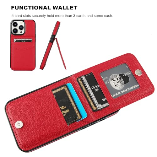 Image of KIHUWEY Compatible with iPhone 13 Pro Case Wallet with Credit Card Holder, Premium Leather Magnetic Clasp Kickstand Heavy Duty Protective Cover for iPhone 13 Pro 6.1 Inch (Lichee Red)