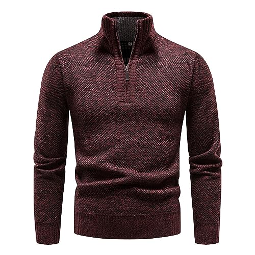 Mens Quarter Zip Sweater Knit Long Sleeve Pullovers Plus Warm Plaid Fleece Lined Turtleneck Jumpers with Stand Collars