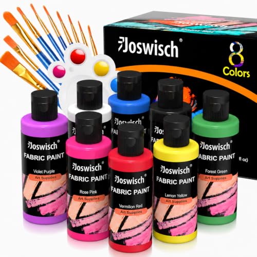 Joswisch Fabric Paint, 8 Colors Fabric Paint Set For Clothes, Permanent Soft Fabric Paint in Bottles(4oz) with 10 Brushes and Palette, Non-Toxic Textile Paint...