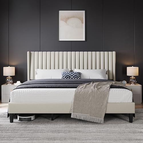Image of Yaheetech King Bed Frame with Headboard, Ivory Channel-Tufted Platform