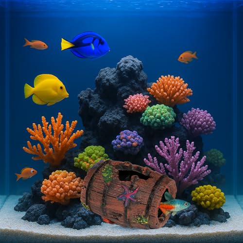 Image of Aquarium Barrel Fish Tank Decorations - Resin Betta Fish Tank Cave with Blue Starfish Ornaments, Rustic Aquarium Ornaments for Small Fish