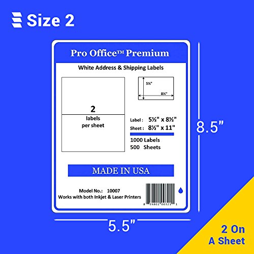 Pro Office Shipping Labels for Printers - Premium 1000 Half Sheet Self Adhesive - Ink Jet and Laser Printers, White, Made in USA, 5.5 x 8.5 Inches, Pack of 500, Same Size As 8126 and More