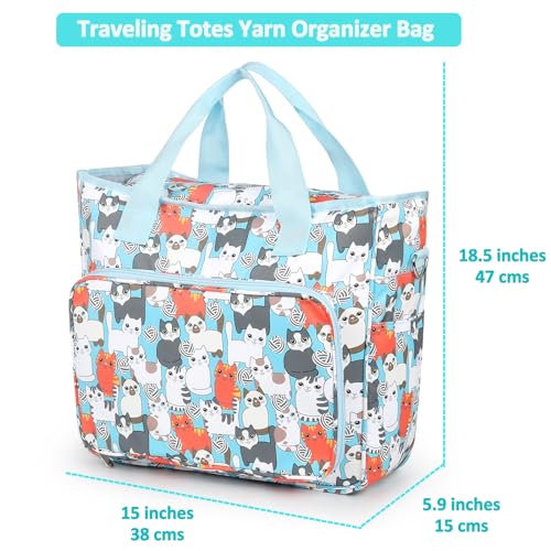 aeelike yarn storage organizer travel crochet bag large capacity tote bag knitting bag for carrying projects knitting needles crochet hooks and yarn cute blue cat