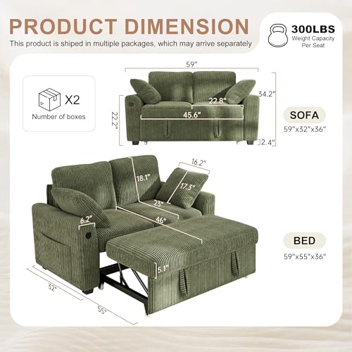 Image of Hanherry 59 inch Loveseat Sofa with Pull Out Couch Bed, Corduroy 2-in-1 Convertible 2 Seater Sleeper Sofa with USB Charging,Comfy Love Seat for Small Spaces Living Room Apartment