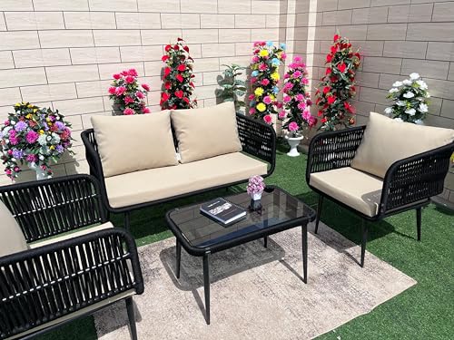 Image of LOCCUS 4-Piece Outdoor Indoor Rope Patio Furniture Set Conversation Garden Waterproof Weaving Rope Bistro Set for Balcony Lawn Garden Terrace (Beige and Black)