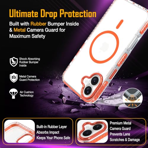 Image of Zapcase Crystal Clear Back case for iPhone 16 Plus | PC Back | TPU Bumper with Inner Rubber Grip | Metal Camera Guard Bezel | Metal Buttons | Scratch Resistant Cover | 2 Layer Edge Protection | Orange