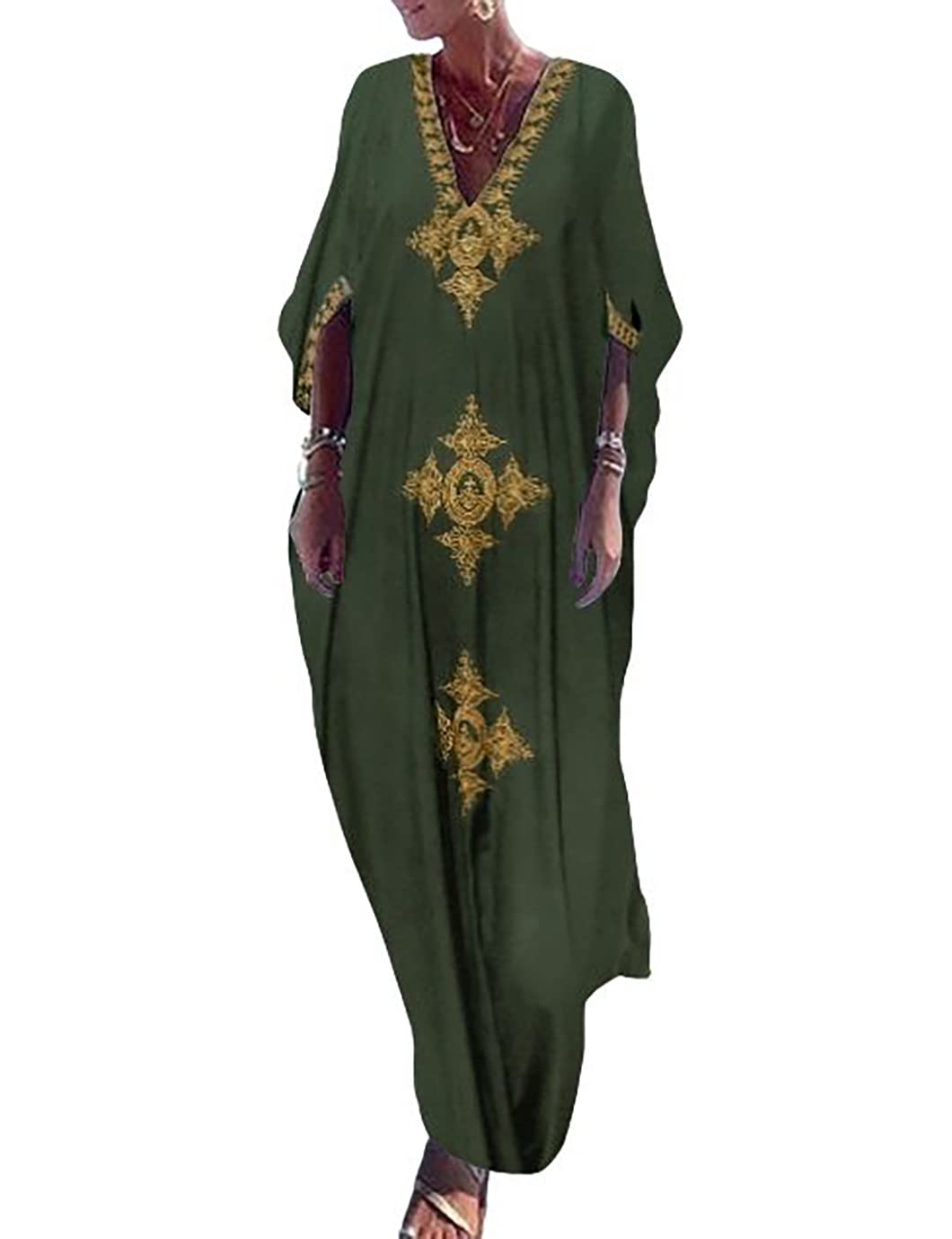 EddoyeeV Neck Kaftan Dresses for Women Side Split Long Beachwear Caftan Casual Swimsuit Cover Up