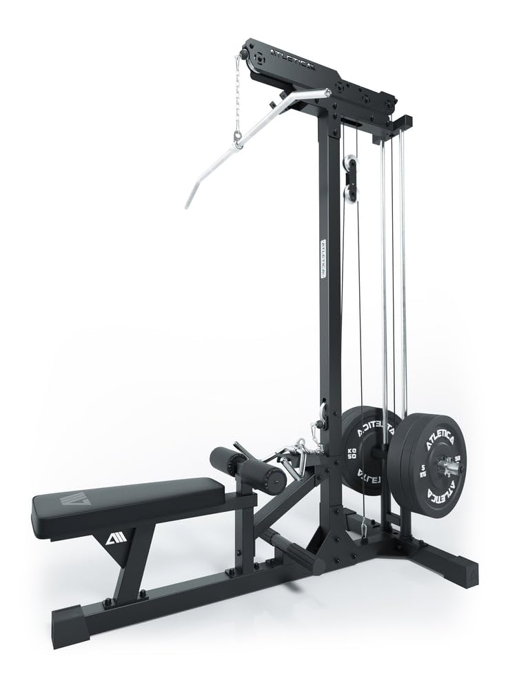 ATLETICA Latzug mit Ruder-Station, Plate-Loaded, Studioqualität | Führungsstäbe aus Vollstahl, Hartchrom-Griffe inklusive, 224cm Höhe