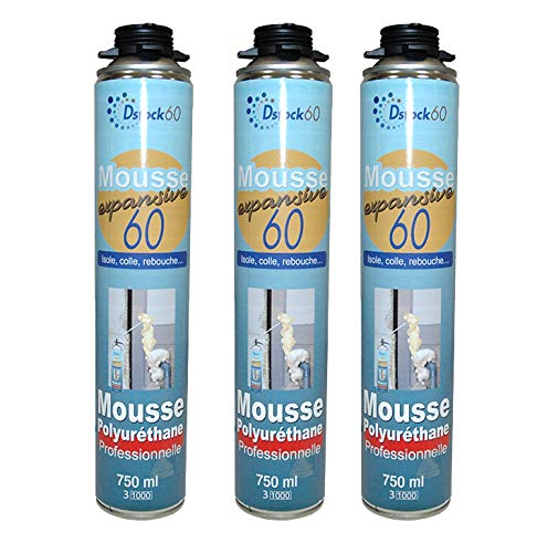 DSTOCK60 - LOT DE 3 MOUSSES PISTOLABLES - MOUSSE EXPANSIVE 750 ML - MOUSSE POLYURÉTHANE PROFESSIONNELLE - ISOLE, COLLE ET REBOUCHE - EXTÉRIEUR ET INTÉRIEUR