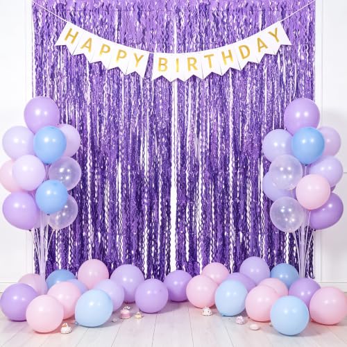 Image of TONIFUL 2Pcs Wavy Light Purple Metallic Foil Fringe Curtain Laser Streamers | 3.3ftx6.6ft Photo Booth Backdrop Door Streamer Curtain, Props for Bachelorette Mermaid-Themed Birthday Graduation Decoration